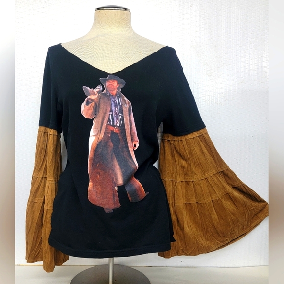 Boho Cowgirl Tee With Bell Sleeves Upcycled - Picture 2 of 10